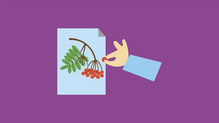 Hand holding rowan branch with rowan berries. Vector illustration.のイラスト素材