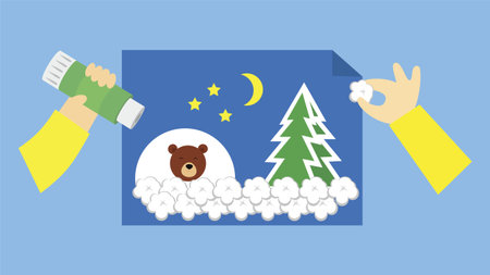 Illustration of a hand holding a Christmas illustration with a bear and a Christmas treeのイラスト素材