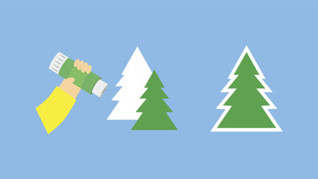 A hand with glue makes Christmas trees out of paper. Vector illustration in flat styleのイラスト素材