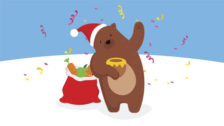 Cute brown bear in Santa Claus hat with a bag of food. Vector illustration.のイラスト素材