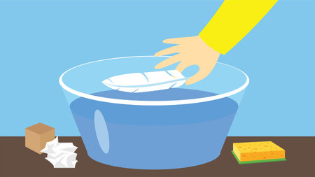 Hand with a pen in a bowl of water. Vector illustration in flat style.のイラスト素材