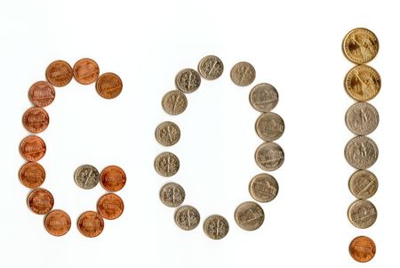 Collection of various coins inside different money related exclamations. の写真素材