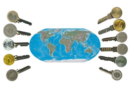 Globe and worldwide financial latchkeys, isolated, on white.  の写真素材