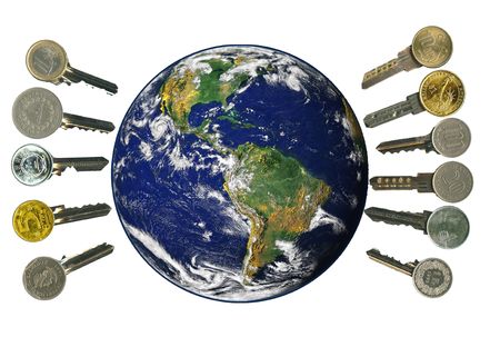 Globe and worldwide financial latchkeys, isolated, on white.  の写真素材