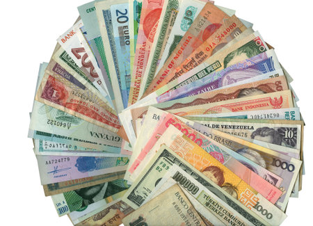 International paper currencies in motion, background, isolated.