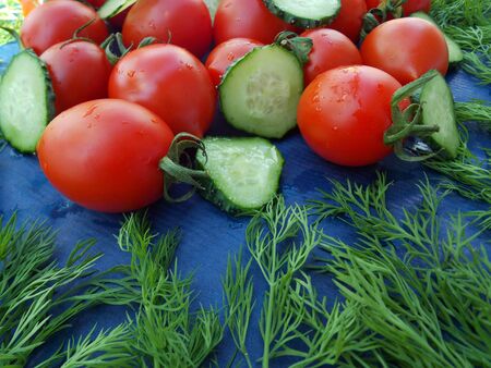 tomatoes and cucumbers on a blue backgroundの写真素材