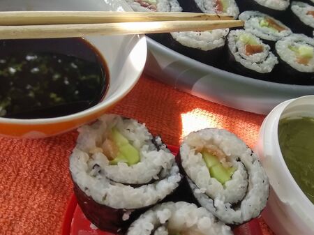 sushi on an orange backgroundの写真素材