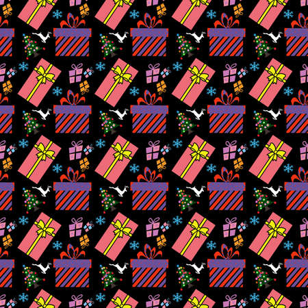 New year gifts with christmas tree on black backgroundの写真素材