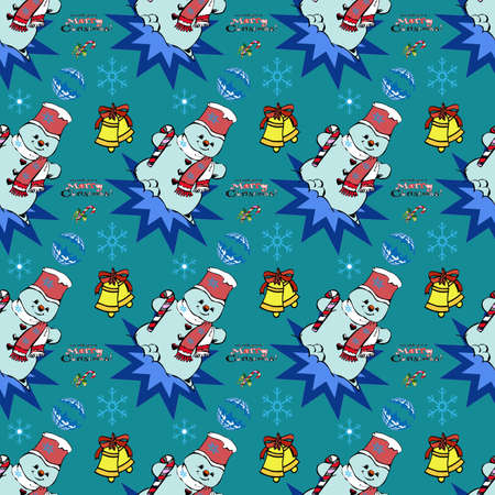 Christmas pattern with snowman on blue backgroundの写真素材