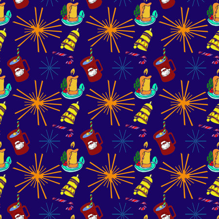 Christmas candle with bell and mug on blue background
