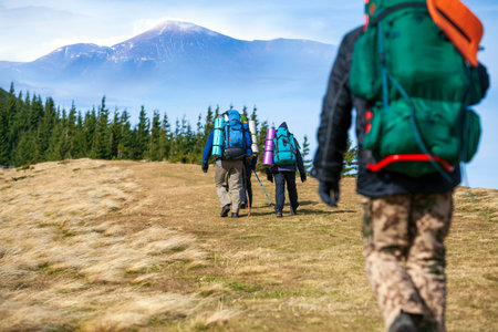 Tourists hiking in mountains with backpacks on summer day. The concept of travel, adventure or...