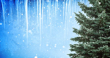 Christmas Tree - Isolated over vibrant colors background with hanging icicles. Merry Christmas and happy new year concept.の写真素材