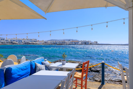 Panoramic view of the old port of Mykonos in Greece. Walkway on the marina.の写真素材