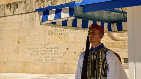 ATHENS, GREECE - APRIL 6, 2019: Evzone or Evzoni guarding the Tomb of the Unknown Soldier at the Hellenic Parliament building on Syntagma Square in Athens, Greeceのeditorial素材