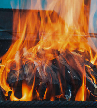 Pile of firewoods in the fire flames in the brazier closeup picnic conceptの写真素材