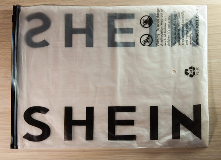 Krasnodar, Russia-December 7, 2020: packaging with the Shein logo. Isolated on a white background