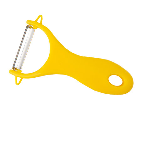 A kitchen peeler with stainless steel and platic handle for fruits and vegetables isolated on white backgroundの写真素材