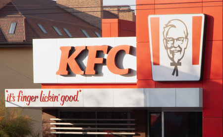 Krasnodar, Krasnodar Krai, Russia, November 5, 2020: KFC fast food restaurant emblem closeup. KFC is the world's second largest restaurant chainのeditorial素材