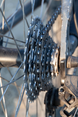 Close-up of a mountain bike cassette and chain. Bicycle transmission elementの写真素材