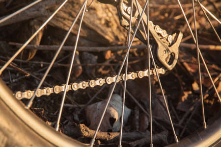 Rear derailleur mountain bike through the spokes of a wheel. Close-upの写真素材