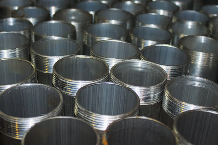 Steel pipes with thread in the production warehouse. Selective Focus