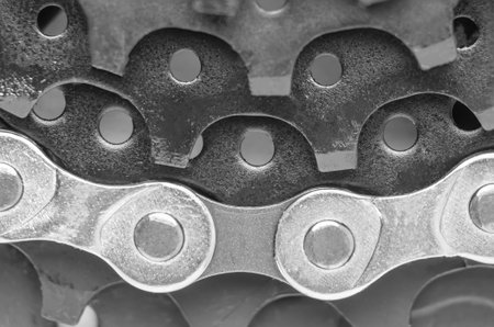 New bicycle cassette with chain. Macro photography. Background image