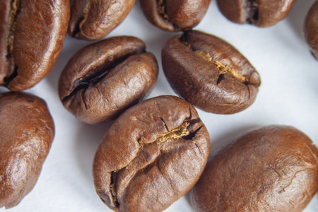 Freshly roasted coffee beans on a white background. Close-up. Selective focus. Background image