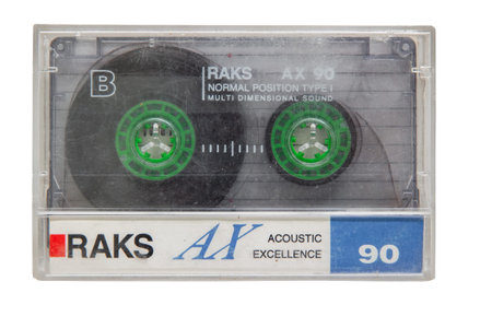 Krasnodar, Russia - March 11, 2021: A worn and scratched RAKS cassette player with an audio cassette inside isolated on a white backgroundのeditorial素材