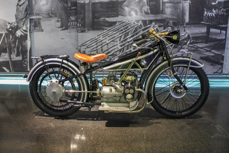 Germany, Munich - April 27, 2011: The very first BMW R32 motorcycle in the exhibition hall of the BMW Museum. From 1923 to 1926, 3,090 R32 motorcycles were producedのeditorial素材