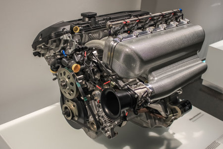 Germany, Munich - April 27, 2011: The P54B20 B racing engine in the BMW Museum exhibition hall. The 285 hp 6-cylinder engine was used in racing from 2003 to 2005のeditorial素材