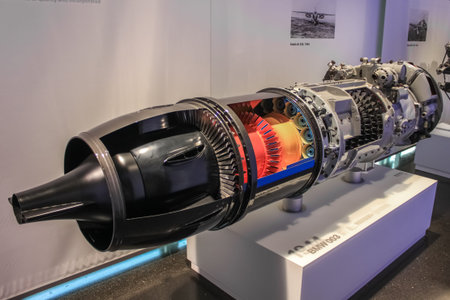 Germany, Munich - April 27, 2011: BMW 003 engine in the exhibition hall of the BMW Museum. The...