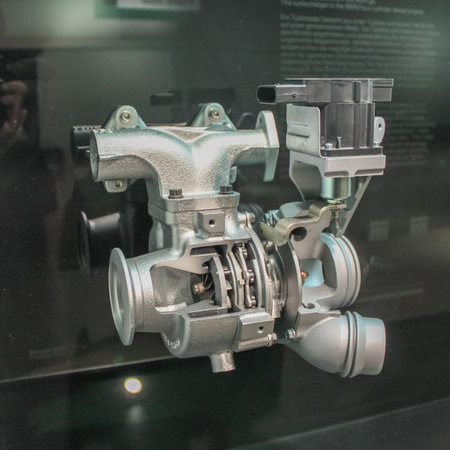 Germany, Munich - April 27, 2011: Turbine for BMW engines presented in the exhibition hall of the...