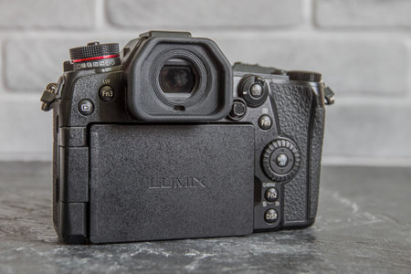Russia, Krasnodar - April 2, 2021: Professional Japanese Mirrorless Digital Camera Panasonic Lumix...