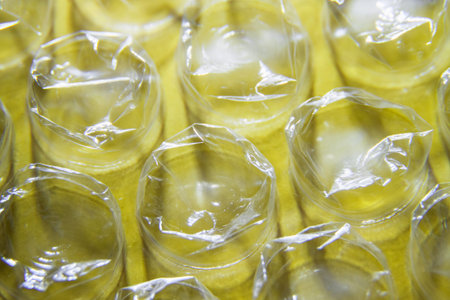 Protective packaging wrap on a yellow background. Close-up