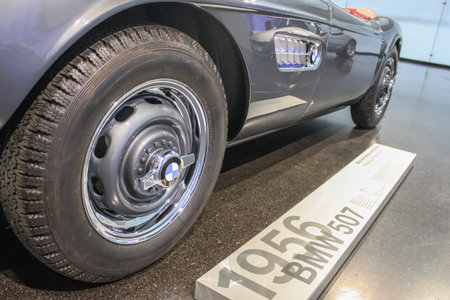 Germany, Munich - April 27, 2011: Part of the body and wheels of the BMW 507 roadster in the...
