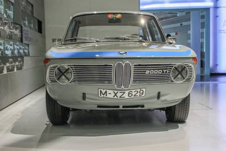 BMW 2000ti, front view. The car was racing in the '60s. BMW Museum showroom. Germany, Munich - April...