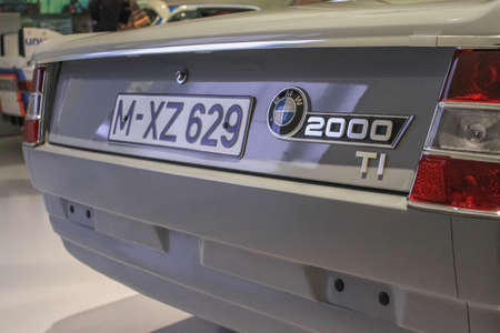 BMW 2000ti rear view. Close-up. The car was racing in the '60s. BMW Museum showroom. Germany, Munich - April 27, 2011のeditorial素材