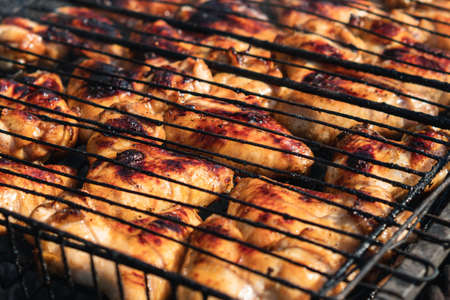 Fried chicken wings lying on a grate on the charcoal of a charcoal grill. Selective Focus. The concept of cooking in the backyardの写真素材