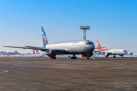 Airbus A321 of Aeroflot-Russian Airlines with VP-BAV registration stands at Moscow airport. Russia, Moscow, October 22, 2011のeditorial素材