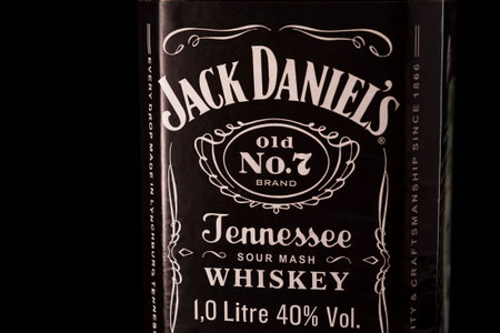 Jack Daniels Old No.7 label on black background. Whiskey produced in Tennessee USA. Russia, Krasnodar, December 15, 2021のeditorial素材