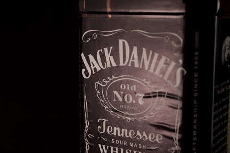 Dark Jack Daniels Old No.7 label on a liter bottle. Close-up. The whiskey produced in Tennessee USA is popular all over the world. Russia, Krasnodar, December 15, 2021のeditorial素材