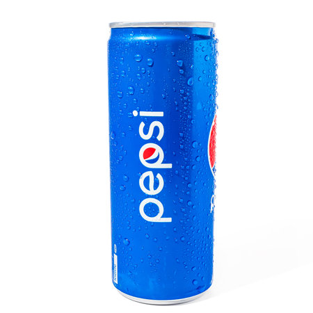 Pepsi 250ml can with water drops isolated on white background. side view. A popular drink around the...