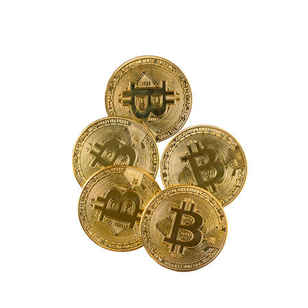Bitcoin coins isolated on a white background. BTC cryptocurrency. blockchain technology. top view, close-upの写真素材