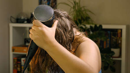 A Caucasian woman dries her hair with a hair dryer and comb while standing in the living room. selective focus. The concept of beauty and hair careの写真素材