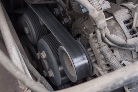 Close-up of the rollers and drive belt in the car. Car generator stained with oil and dust. Dirty motorの写真素材