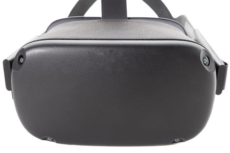 Close-up VR helmet with four external cameras isolated on a white background. front view. Virtual...