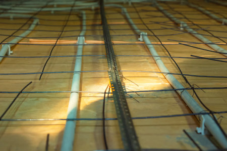 Floor heating system in a private home. Close-up. Mounting the floor heating. Preparing to pour concrete floor. selective focusの写真素材