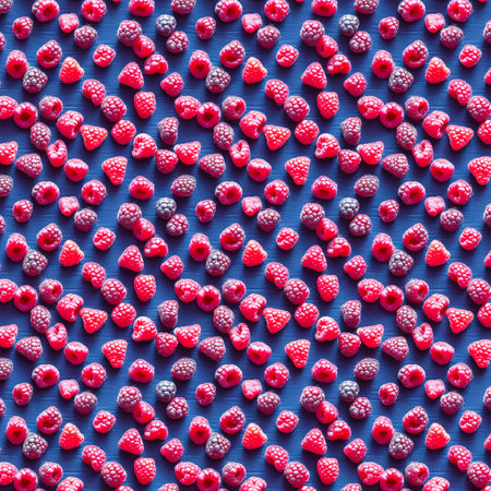 Seamless texture of juicy raspberries. view from above. Great for textiles, fabric or wrapping paper Generative aiの素材