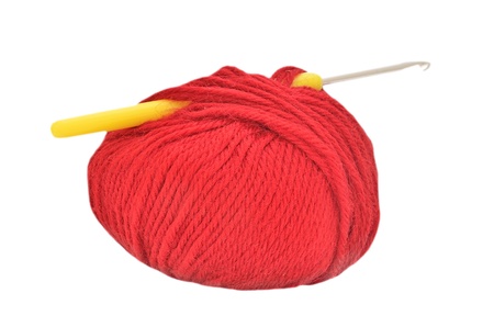 Close up of red ball of yarn on white backgroundの写真素材