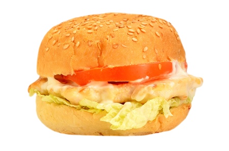 Hamburger with chicken meat on a white backgroundの写真素材